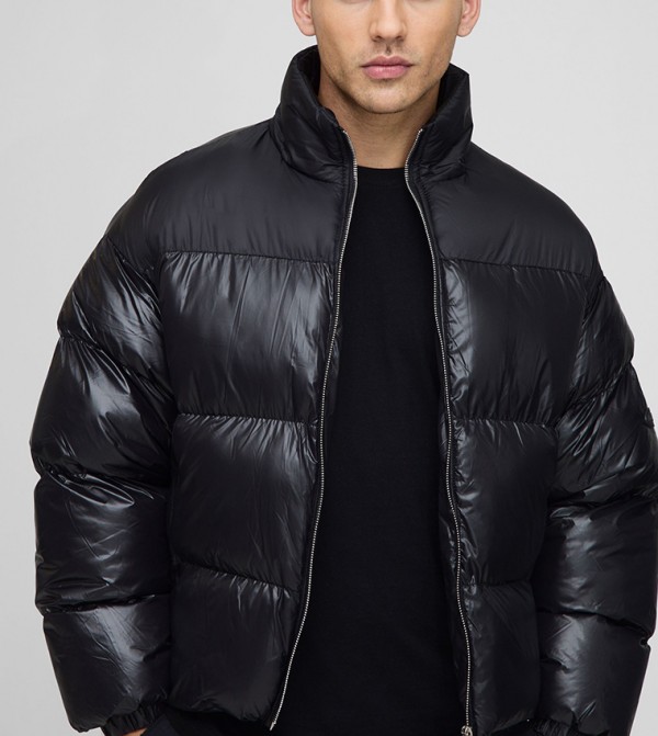 High Shine Nylon Boxy Fit High Neck Puffer Jacket