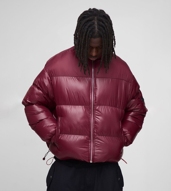 Shiny Boxy Fit Nylon Mix High Neck Puffer Jacket