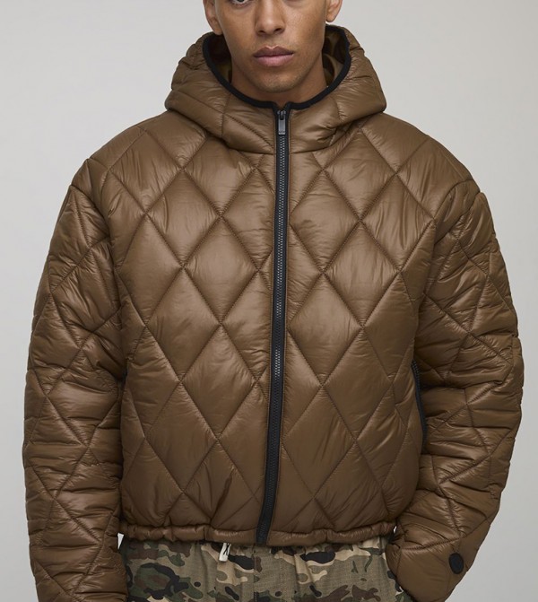 High Sheen Diamond Quilted Hooded Oversized Puffer Jacket
