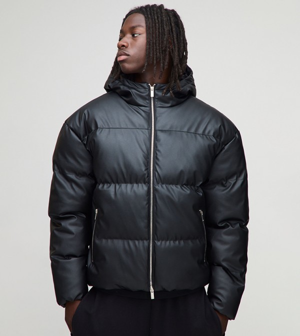 Regular Fit PU Panelled Hooded Puffer Jacket