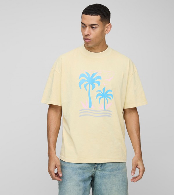 Crew Neck Washed Palm Graphic Oversized T-Shirt