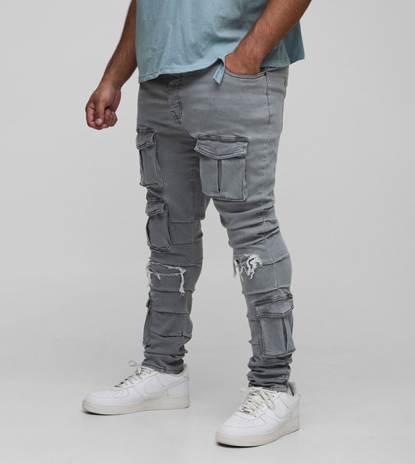 Plus & Tall Ruched Rip & Repair Wash Cargo Skinny Fit Jeans
