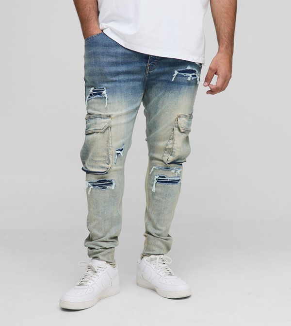 Stonewash Ripped Super Skinny Fit Cargo Jeans