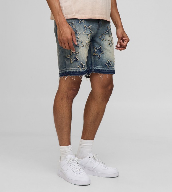 Slim Fit Star Applique Let Down Hem Denim Shorts