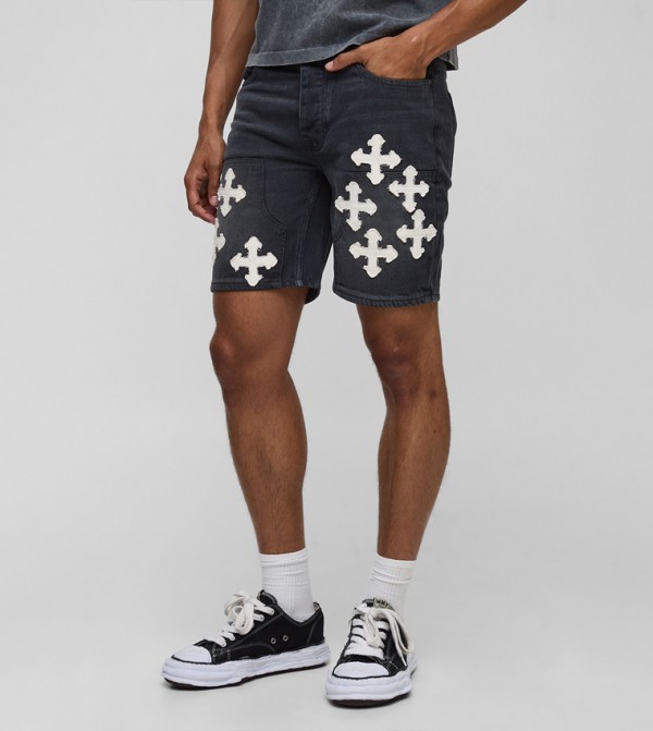 Straight Fit Cross Applique Carpenter Denim Shorts