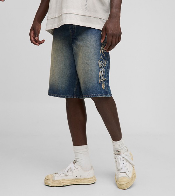 Distressed Tribal Appliqued Denim Shorts