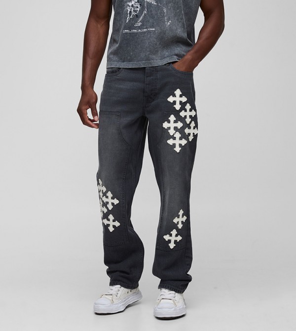 Straight Fit Cross Appliqued Carpenter Jeans