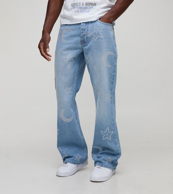 Relaxed Blue Washed Star Studded Flared Jeans