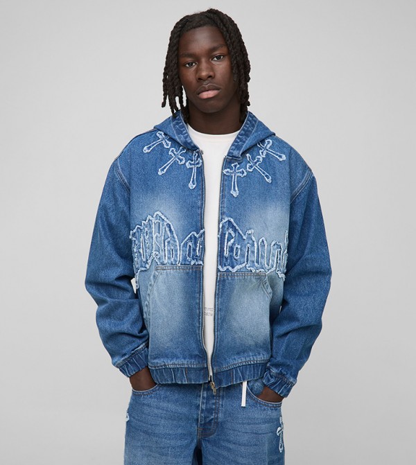 Cross Appliqued Washed Oversized Denim Jacket