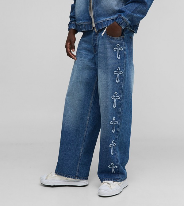 Cross Appliqued Washed Baggy Fit Jeans