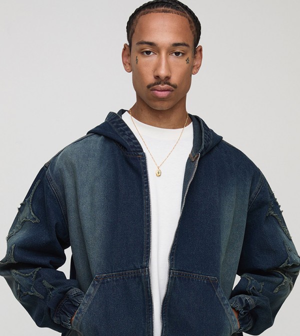 Star Appliqued Washed Oversized Denim Jacket