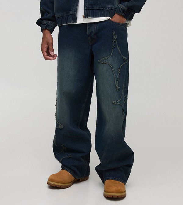 Star Appliqued Washed Baggy Fit Jeans
