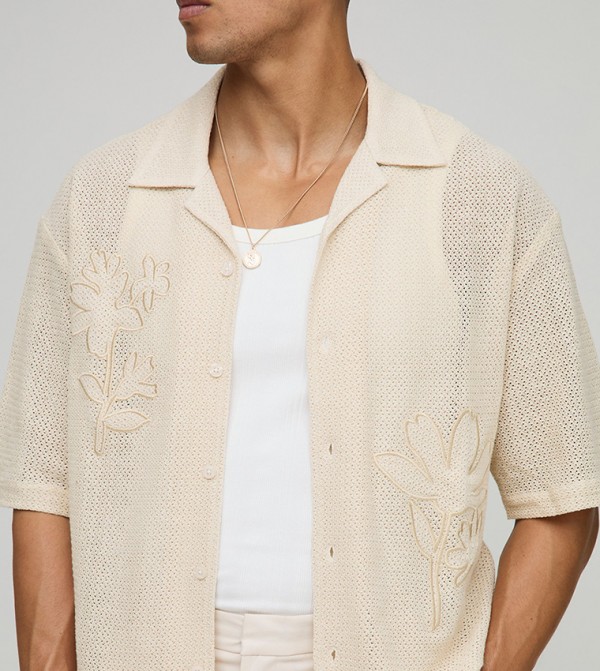 Crochet Appliqued Revere Oversized Shirt