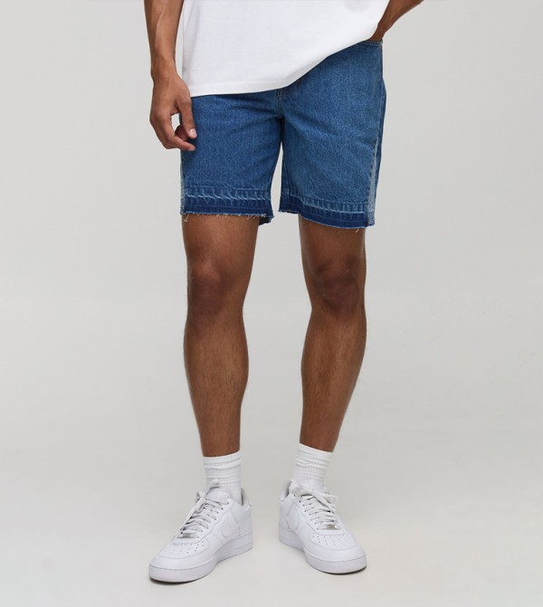 Straight Fit Washed Gusset Denim Shorts With Let Down Hem