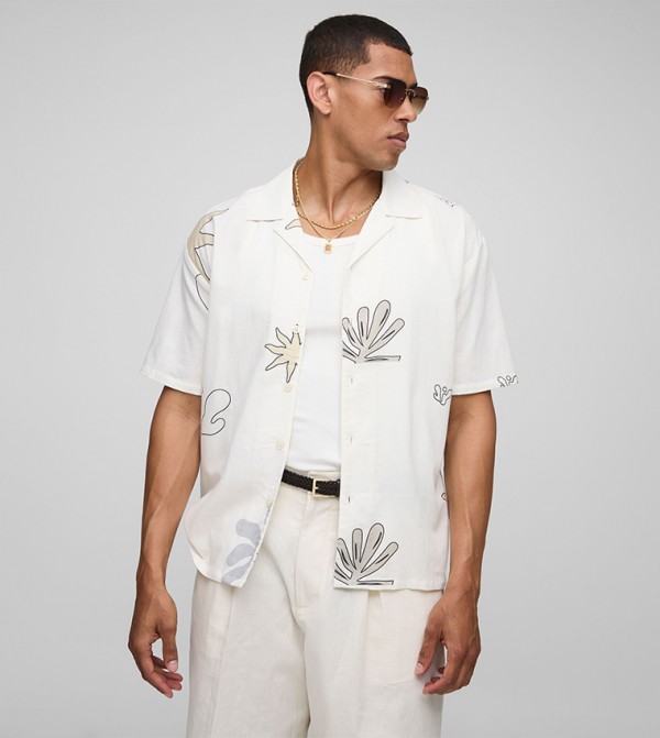 Printed Revere Collar Linen Blend Shirt
