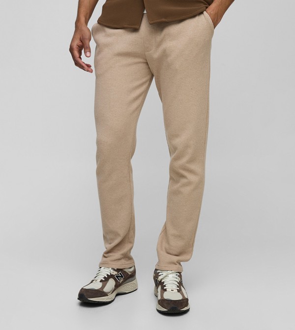 Elastic Waist Slim Fit Waffle Smart Trousers