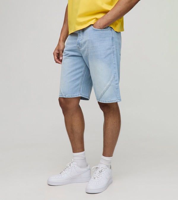 Relaxed Fit Paneled Washed Denim Shorts