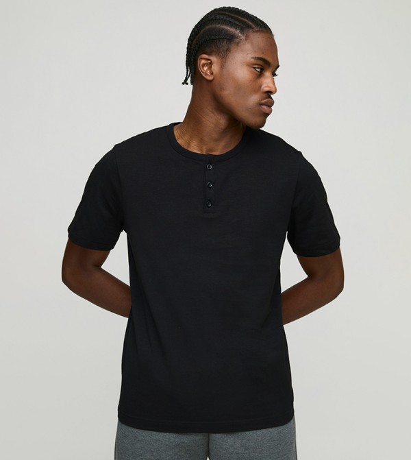 Regular Fit Button Neck Slub T-Shirt