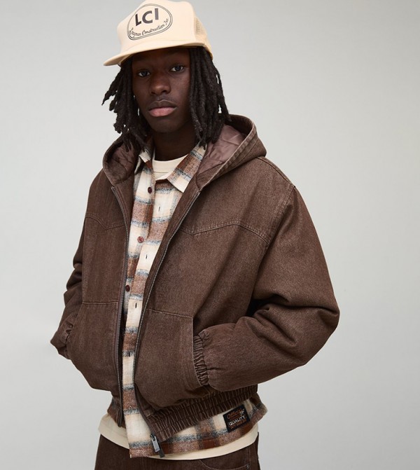 Zip Through Hooded Denim Quilted Jacket