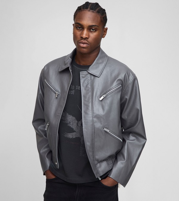 Boxy Fit Zip Detail PU Collared Bomber Jacket