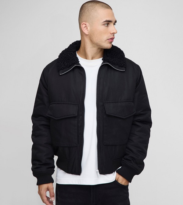Regular Fit Boucle Borg Collar Nylon Bomber Jacket