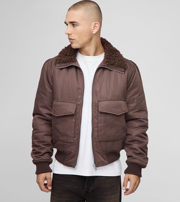 Regular Fit Boucle Borg Collar Nylon Bomber Jacket