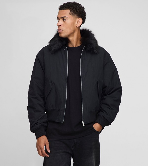 Regular Fit Faux Fur Collar Nylon Bomber Jacket