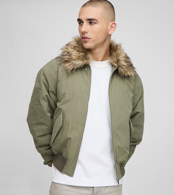 Regular Fit Faux Fur Collar Nylon Bomber Jacket