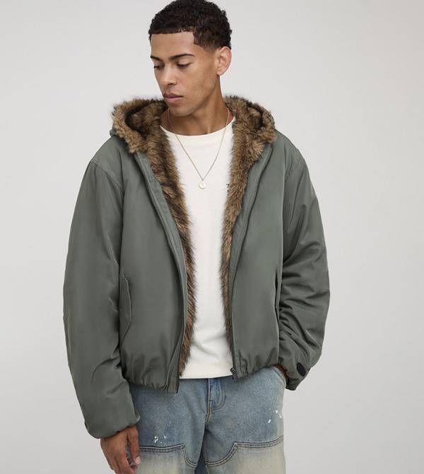 Faux Fur Trim Hooded Oversized Bomber Jacket