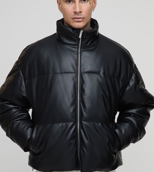 Tall Boxy Curved Hem PU Puffer Jacket