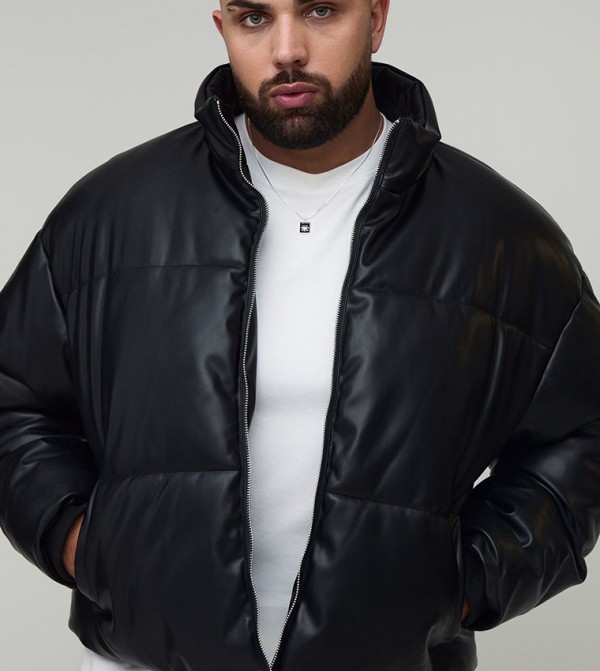 Plus & Tall Boxy Curved Hem PU Puffer Jacket