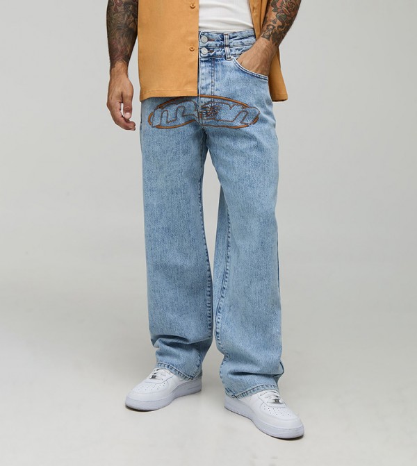 Double Waistband Relaxed Fit Contrast Stitch Jeans