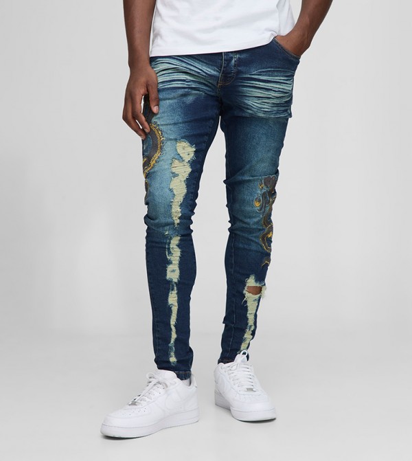 Distressed Snake Embroidered Skinny Fit Jeans