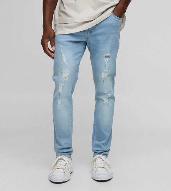 Skinny Fit Rhinestone Washed Rip & Repair Jeans