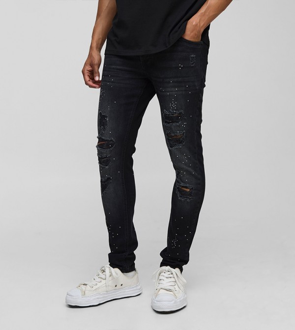 Rhinestone Ripped Washed Skinny Fit Jeans