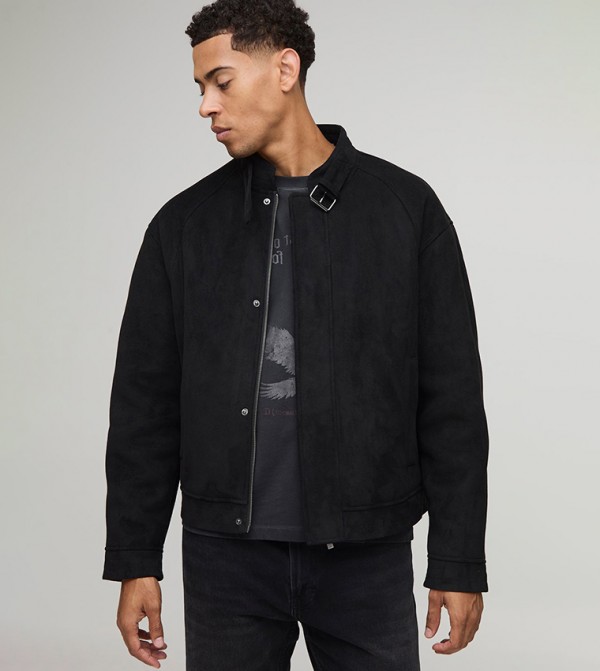 Faux Suede Buckle Collar Biker Jacket