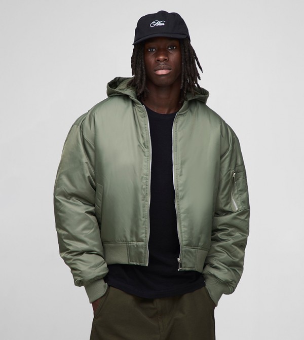 Curved Hem Hooded Nylon Oversized Bomber Jacket