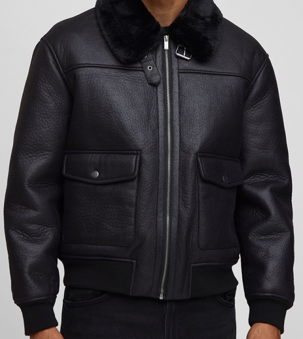 Washed PU Borg Collared Oversized Bomber Jacket
