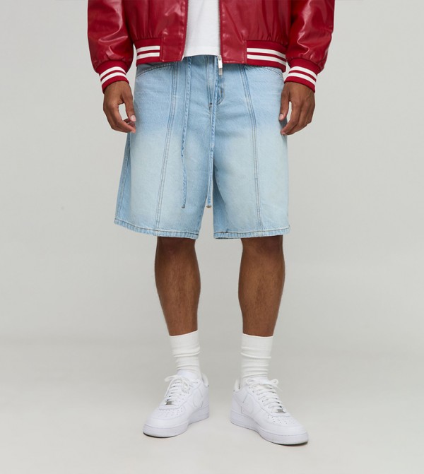Regular Fit Paneled Embroidered Denim Jorts