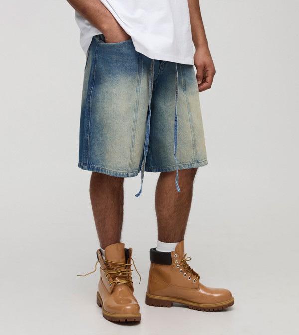 Regular Fit Paneled Embroidered Denim Jorts