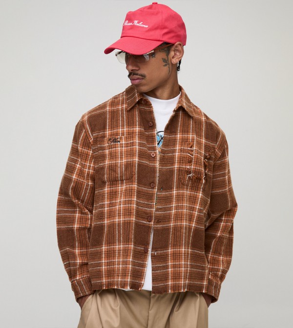 Distressed Long Sleeves Flannel Oversized Shirt