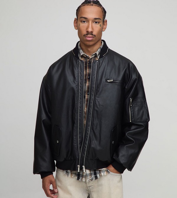Zip Panel Detail PU Oversized Bomber Jacket