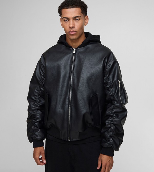Textured PU Jersey Hooded Oversized Bomber Jacket