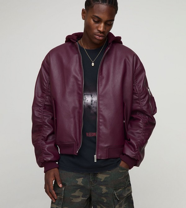 Textured PU Jersey Hooded Oversized Bomber Jacket