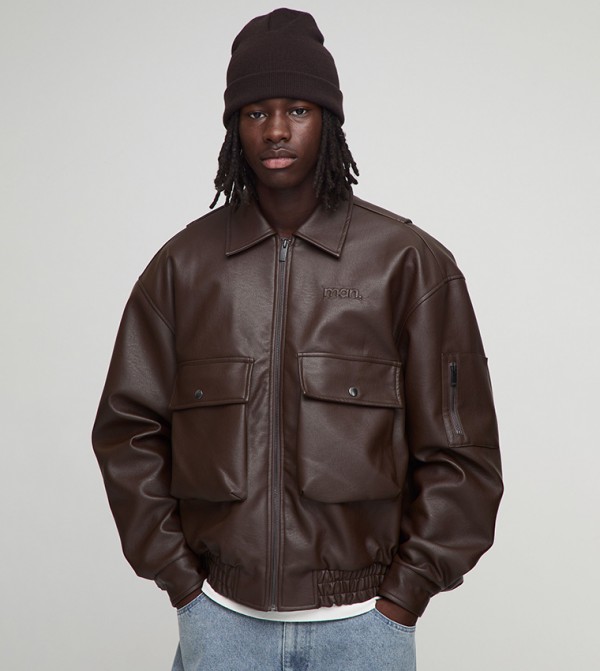 Vent Back Detail PU Collared Oversized Bomber Jacket