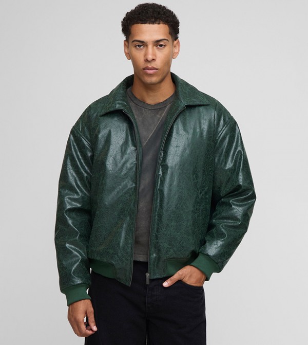 Oversized Creased PU Collared Bomber Jacket