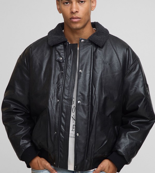 Oversized Boxy Textured PU Borg Collar Bomber Jacket