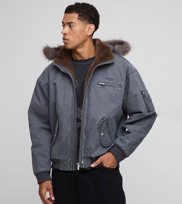 Oversized Boxy Zip Detail Faux Fur Hooded Twill Bomber Jacket
