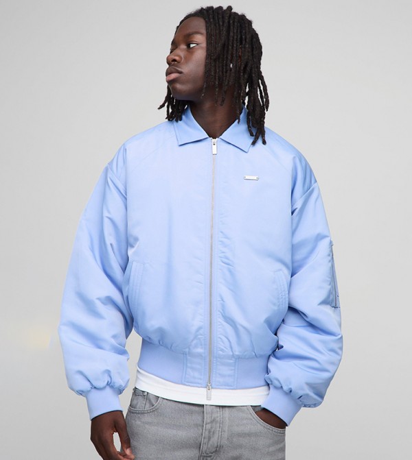 Satin Look Nylon Collared Boxy Fit Bomber Jacket