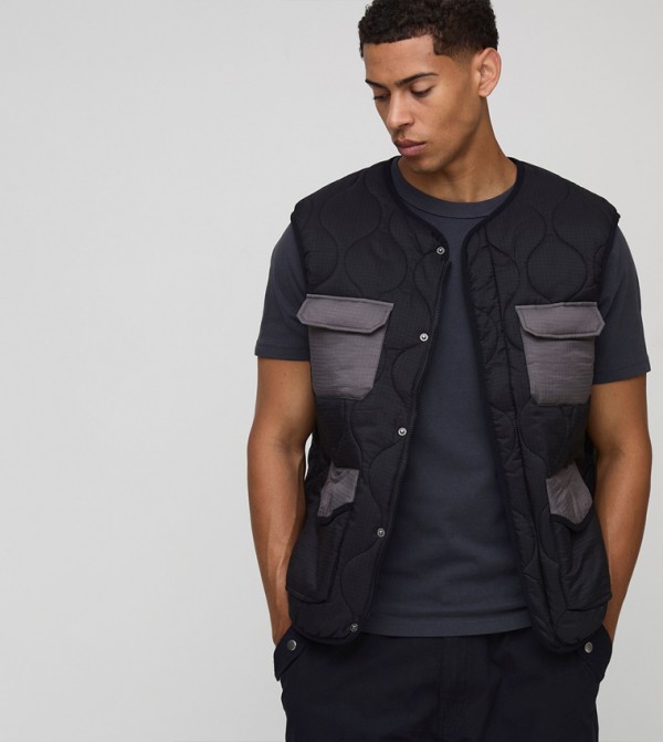 Regular Fit Collarless Quilted Ripstop Color Block Gilet